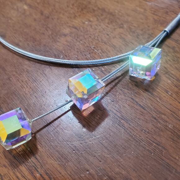 Aurora Borealis Cube Bead Floating Cable Necklace Sterling Silver Clasp - Picture 7 of 7